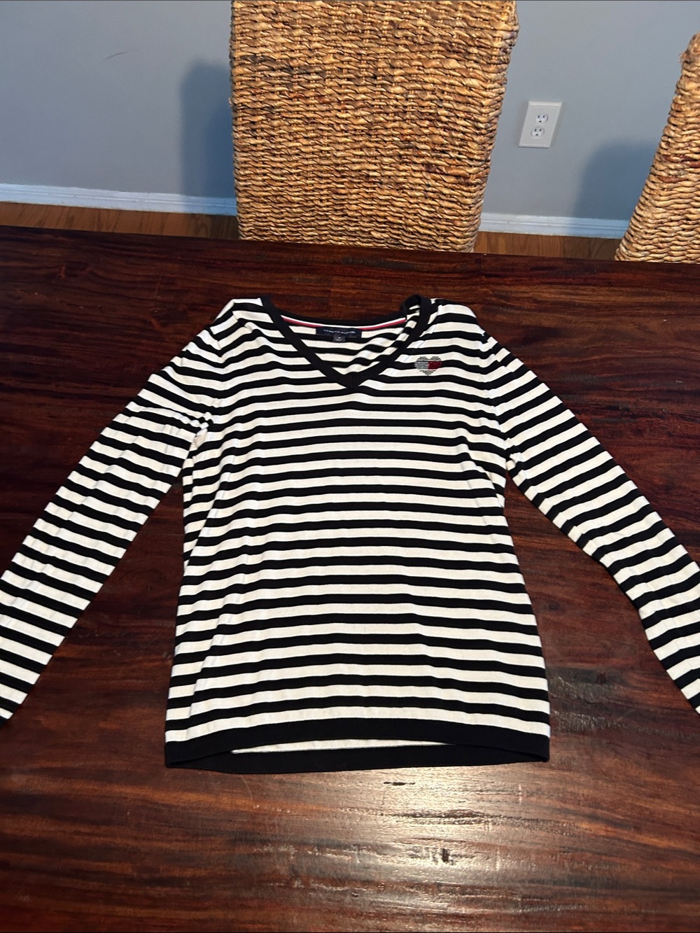 Tommy Hilfiger Black & White Striped V-Neck Long Sleeve Top